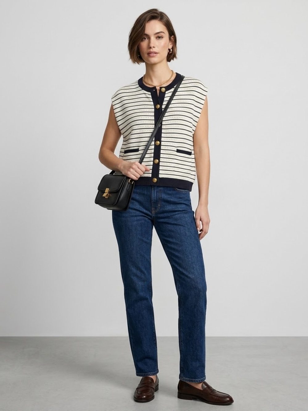 Rag & Bone Evelyn Striped Knit Vest Cardigan Organic Cotton Gold Crest Button M